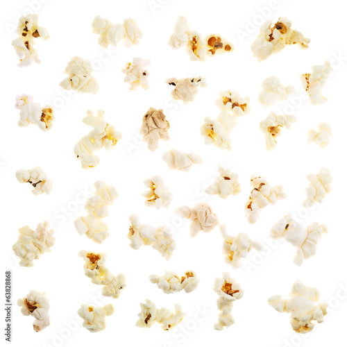 Single popcorn pieces isolated