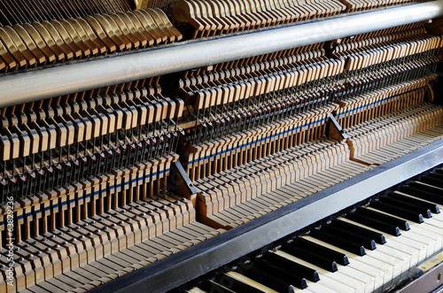 Fotografie inside the piano: string, pins and hammers
