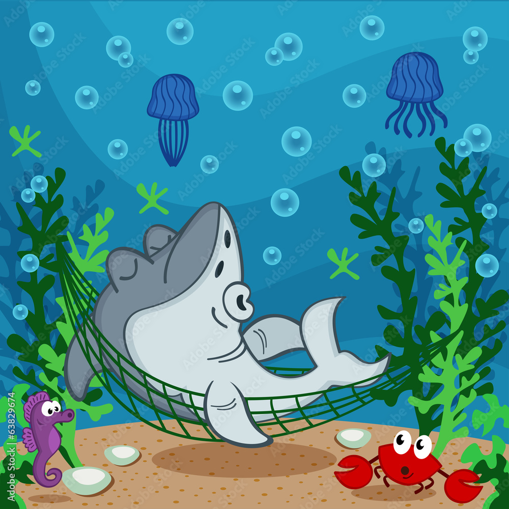 Obraz premium shark sleeping on the seabed - vector illustration