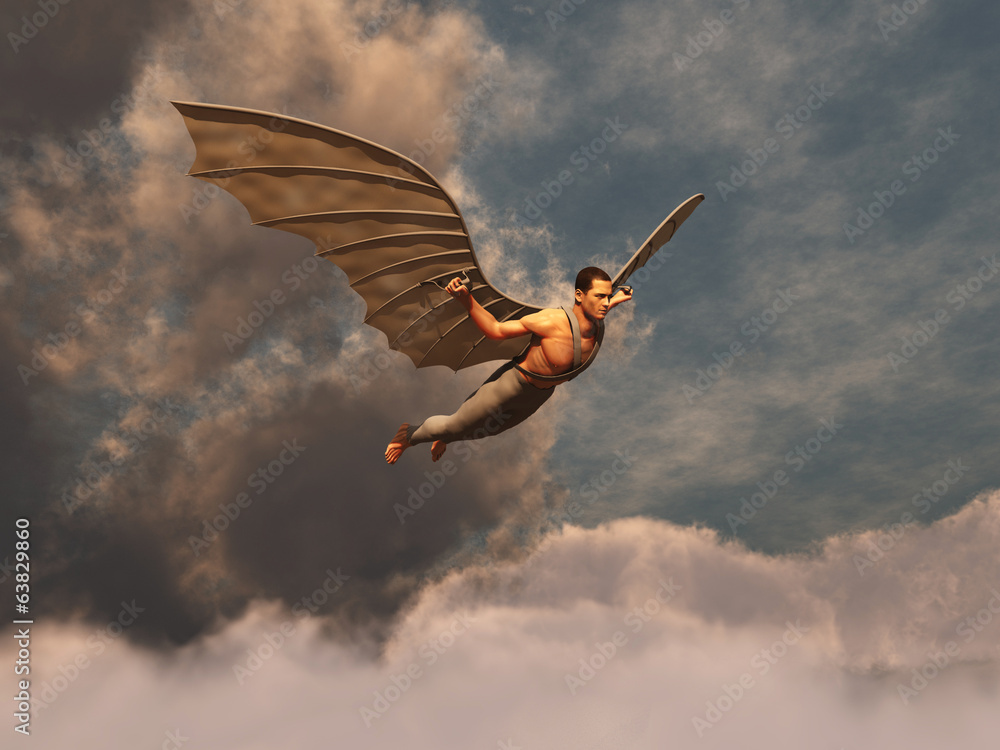 Hombre volando con alas artificiales - obrazy, fototapety, plakaty 