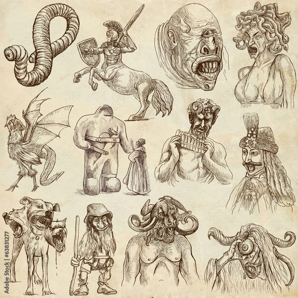 Myths and Legendary Monsters around the World (paper set no. 1) - obrazy, fototapety, plakaty 