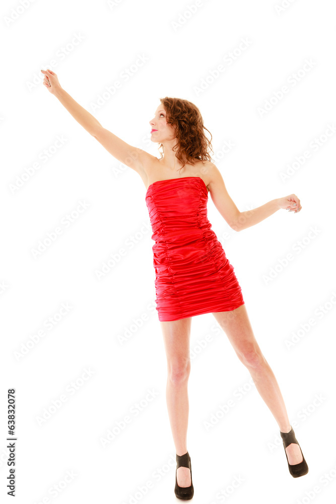 Full length woman in dress holding imaginary balloons flying