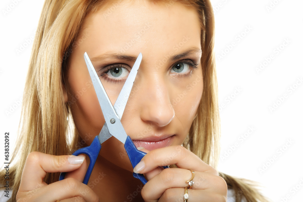 Unhappy Woman Cutting Her Hair With Scissors Isolated Stock Foto