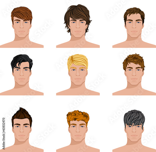 Different hairstyle men faces icons set