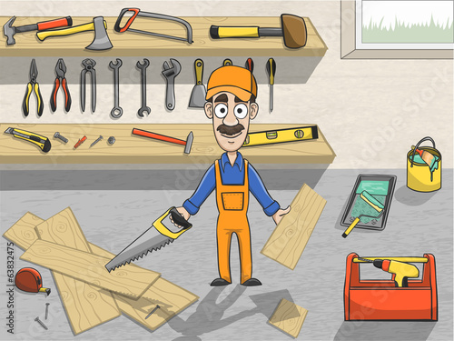 Happy carpenter character at work