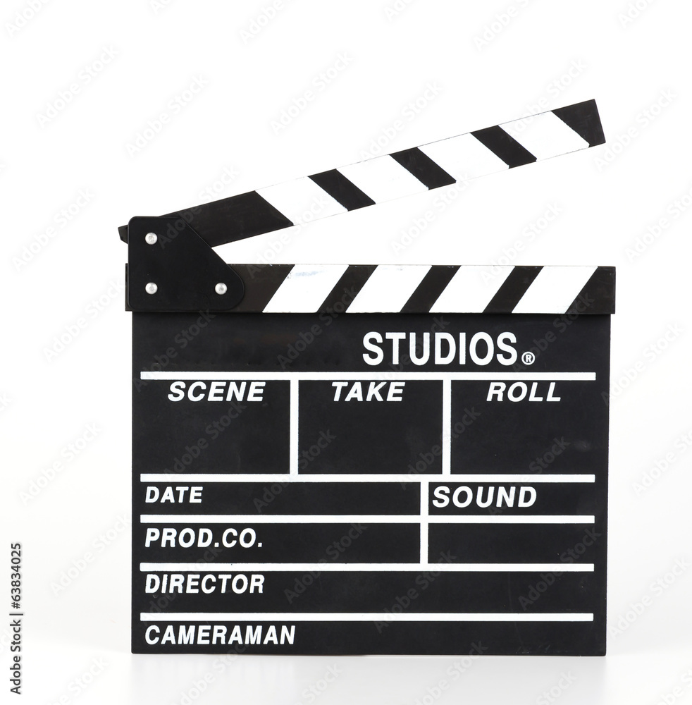 Clapper movie board isolated white background