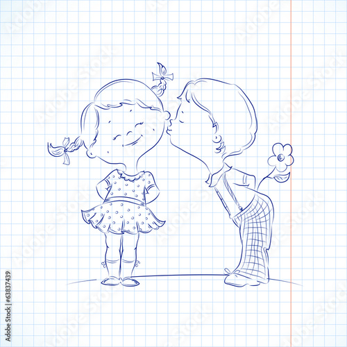 Hand drawn Illustration of kissing boy and girl