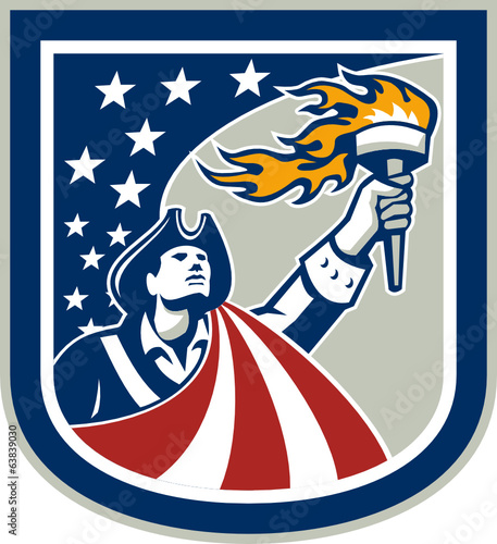 American Patriot Holding Up Torch Flag Shield