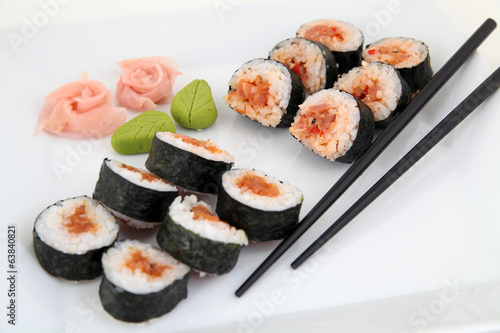 sushi set on white plate. Traditional japanese sushi rolls