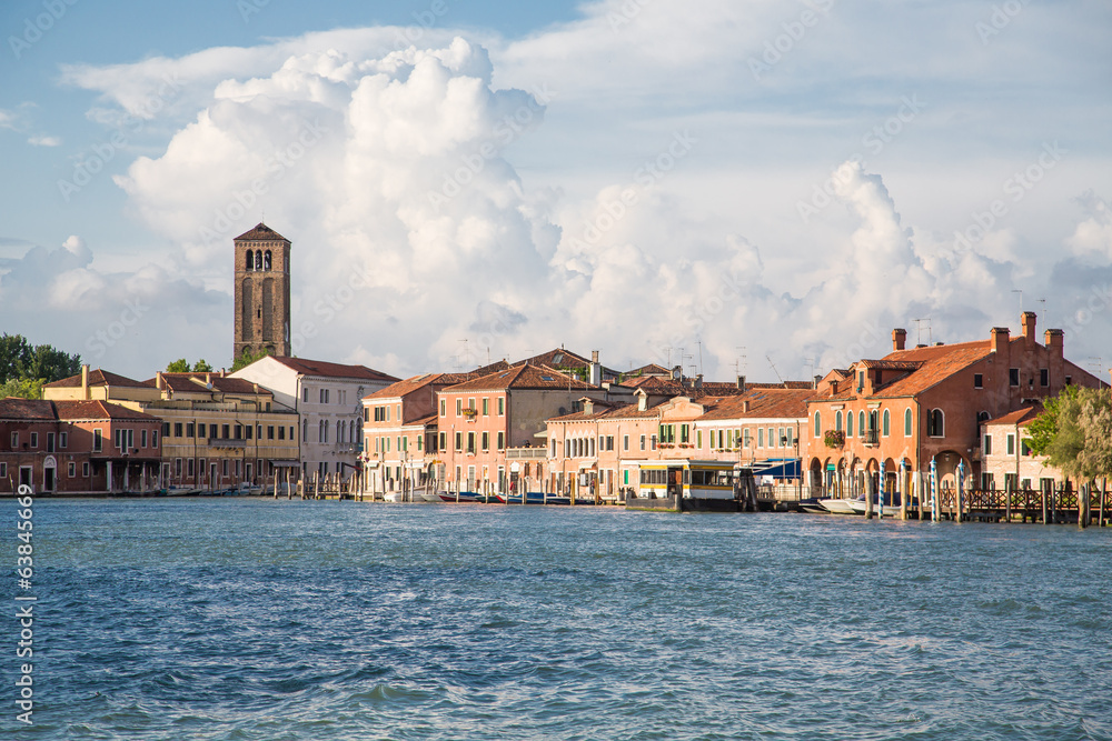 Water Bus Station and Church Tower in Venice