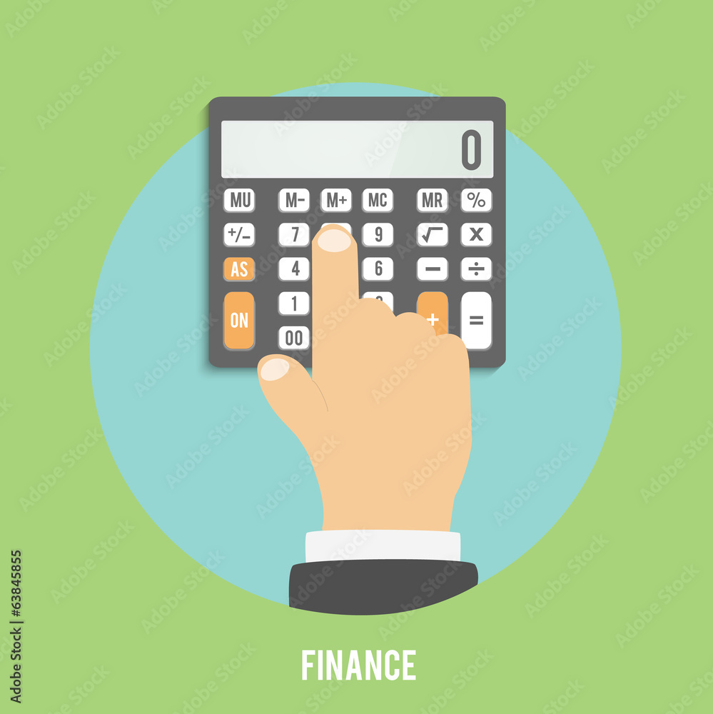 Calculator icon. Hand considers on the calculator Calculator icon. Hand considers on the calculator