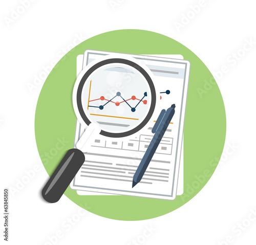 Magnifying glass, pen and chart