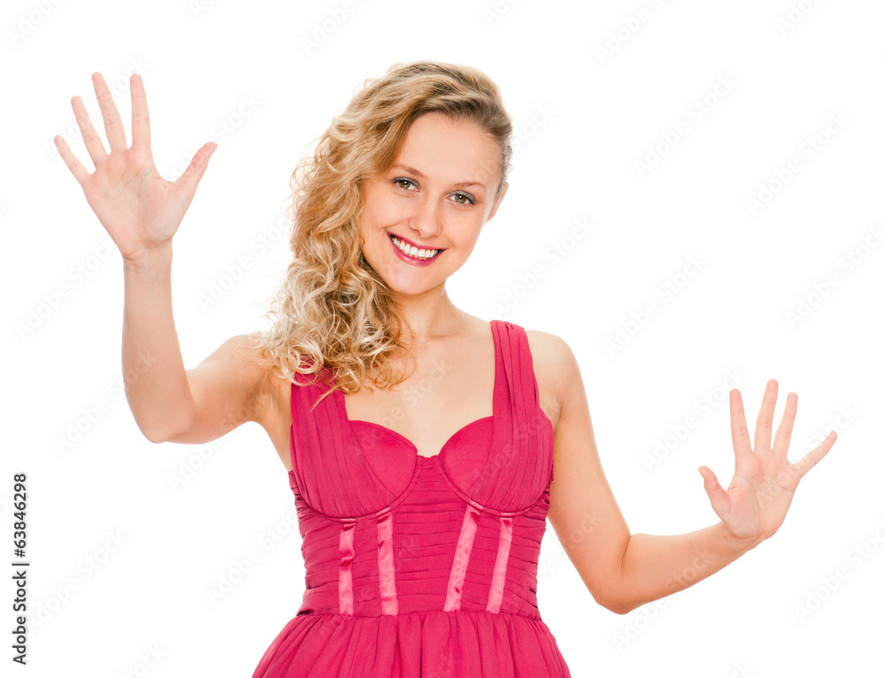 Portrait of smiling woman showing ten fingers Portrait of smiling woman showing ten fingers