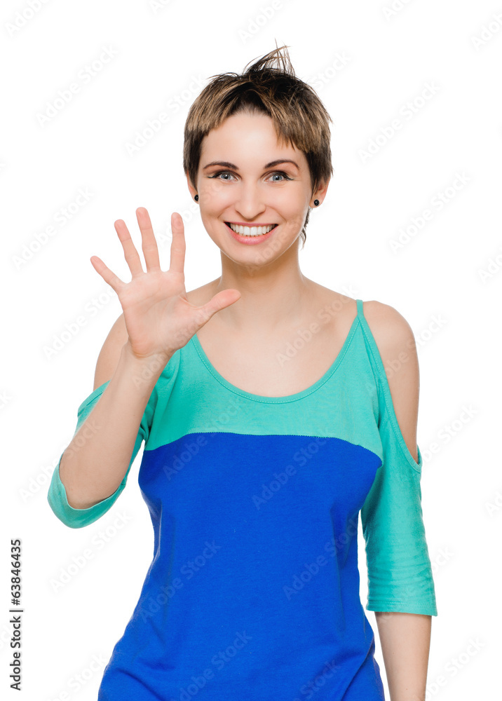 Portrait of happy smiling man showing five fingers Portrait of happy smiling man showing five fingers