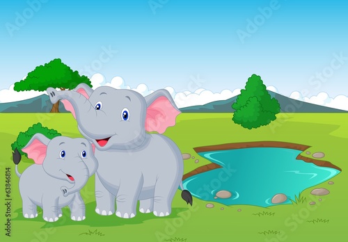 Cartoon elephant family near watering hole