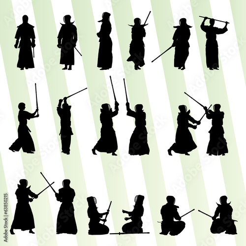 Active japanese Kendo sword martial arts fighters sport silhouet