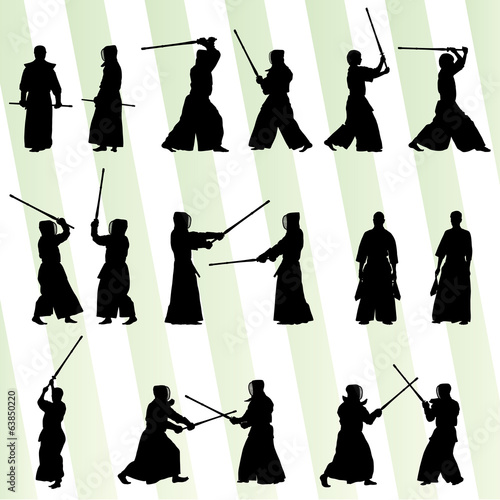 Active japanese Kendo sword martial arts fighters sport silhouet