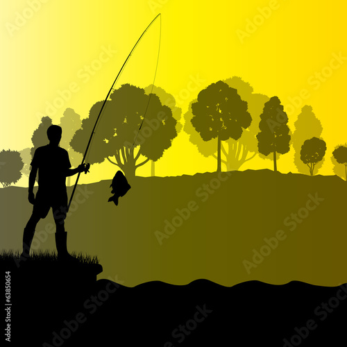 Fisherman, angler vector background landscape concept with trees