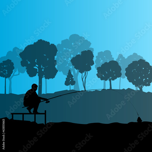 Fisherman, angler vector background landscape concept with trees