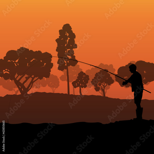 Fisherman, angler vector background landscape concept with trees