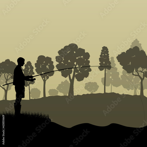 Fisherman, angler vector background landscape concept with trees