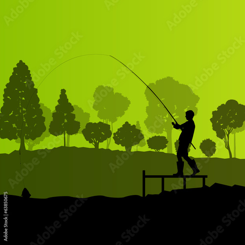 Fisherman, angler vector background landscape concept with trees