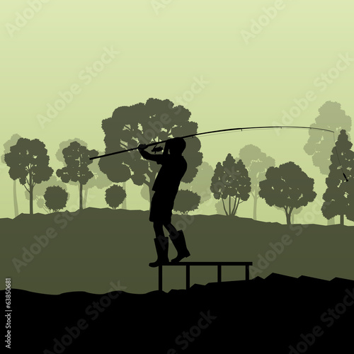 Fisherman, angler vector background landscape concept with trees