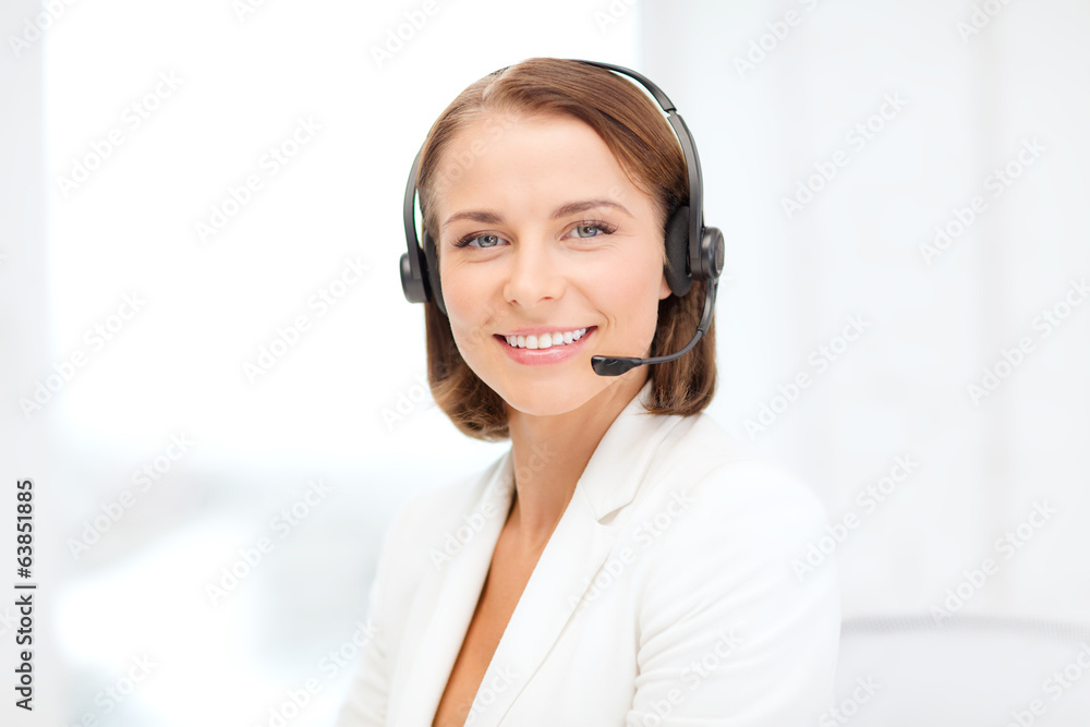 smiling female helpline operator with headphones smiling female helpline operator with headphones