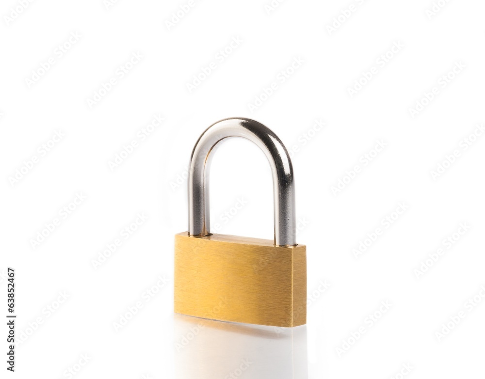 metal padlock with reflection on white table metal padlock with reflection on white table