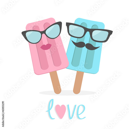 Ice cream couple with lips, mustaches and eyeglasses. Love card.