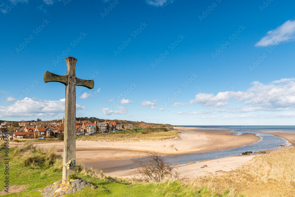 Alnmouth beach with wooden cross Alnmouth beach with wooden cross