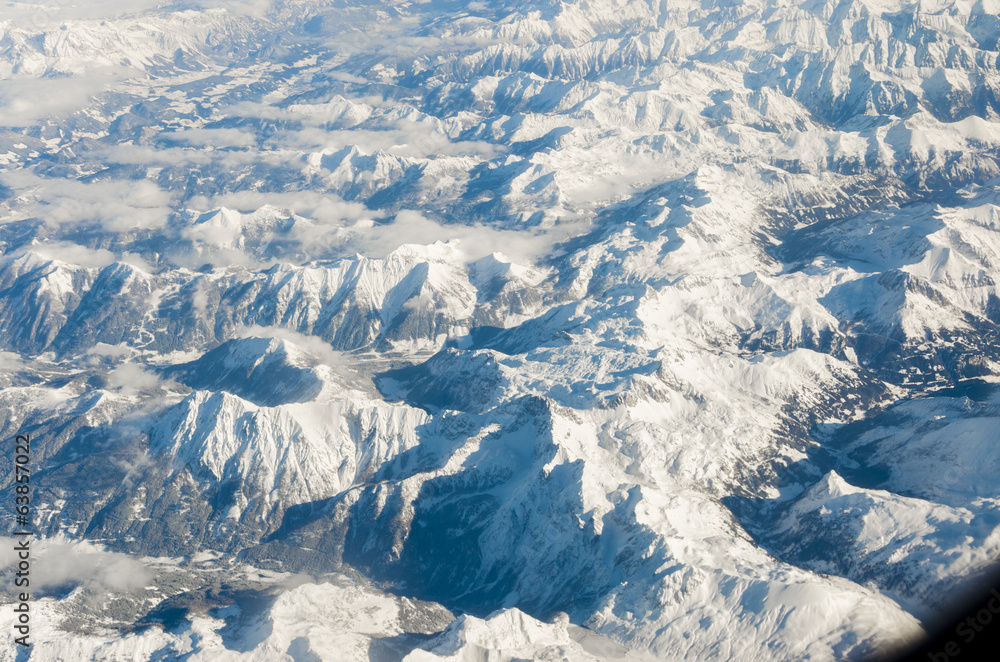 Aerial view of Glacier in the Alps Mountain Range