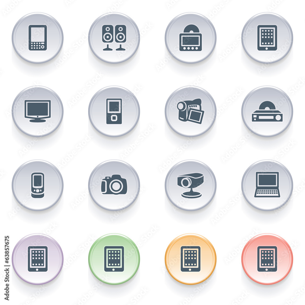Electronics icons on color buttons. Electronics icons on color buttons.