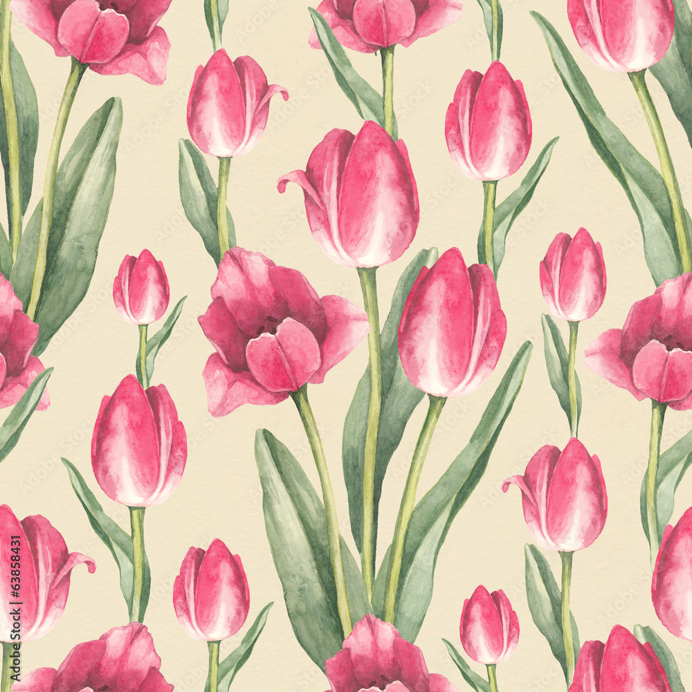 Tulip flowers illustration. Watercolor seamless pattern