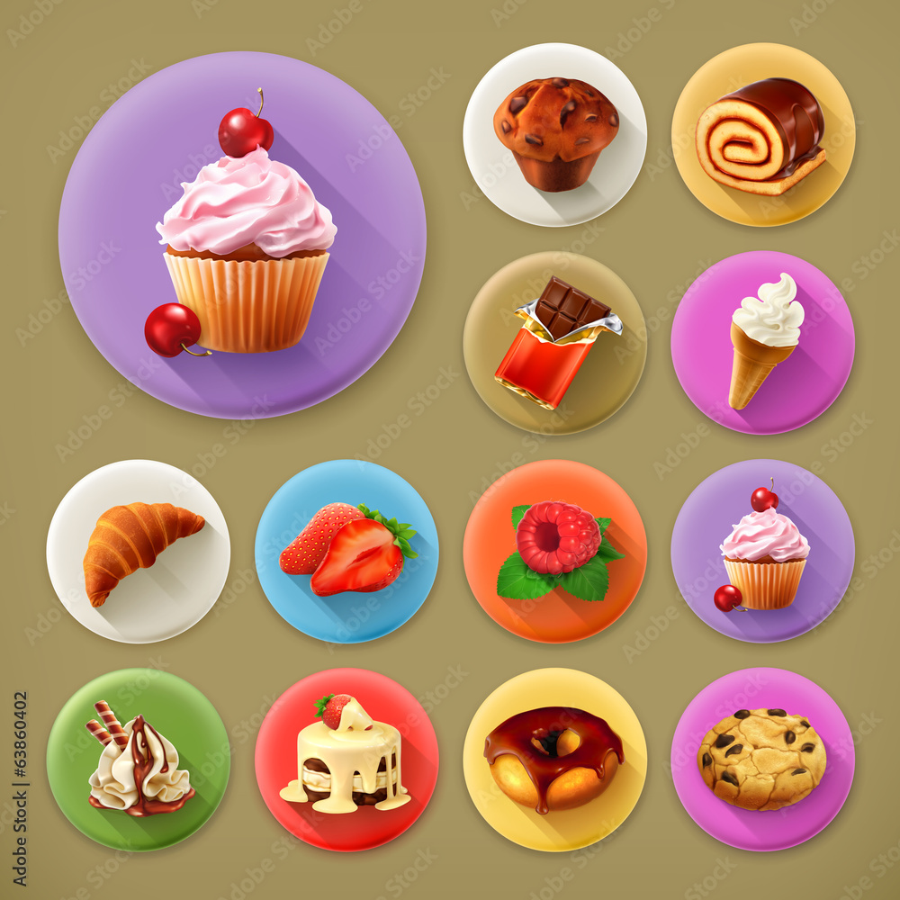 Sweet and tasty, long shadow icon set Sweet and tasty, long shadow icon set