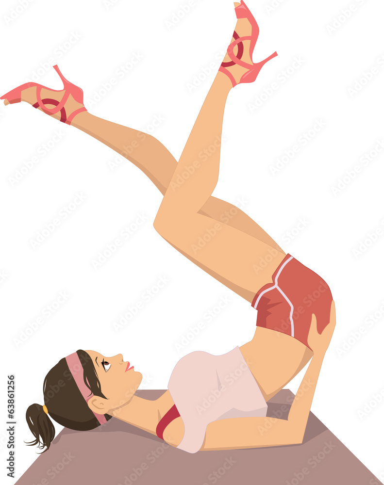 Woman doing yoga in high heel shoes