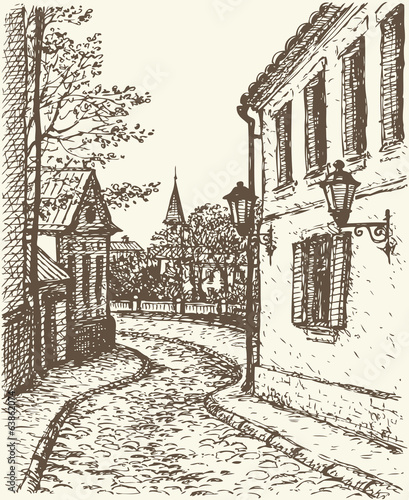 Vector cityscape. Narrow street of old town