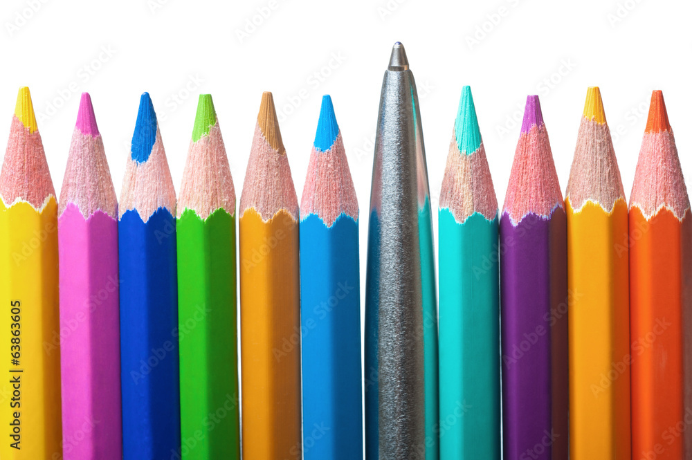 Metal pen among color pencils, isolated on white background Metal pen among color pencils, isolated on white background
