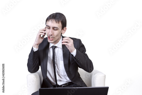 Businessman persistently convinces the client by phone photo