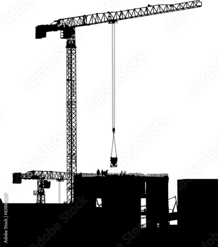 Silhouettes of cranes on building
