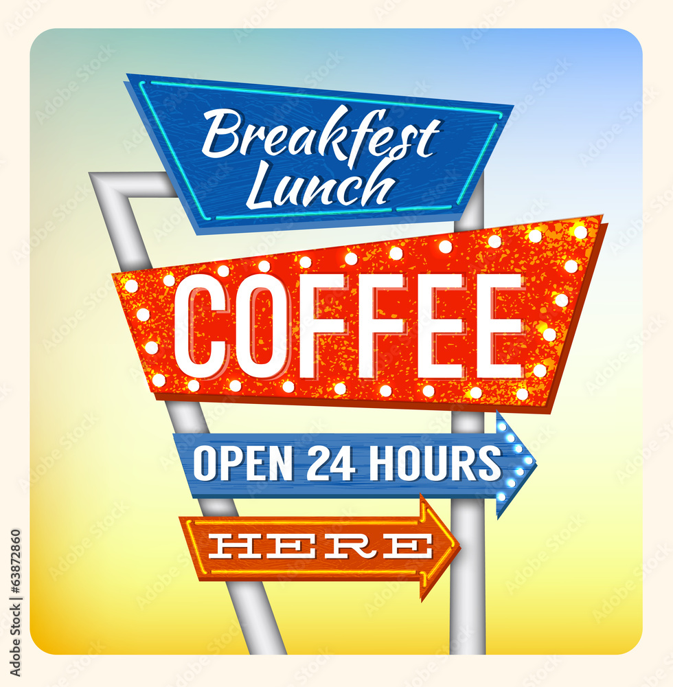 Retro Neon Sign Coffee and Breakfest lettering in the style of