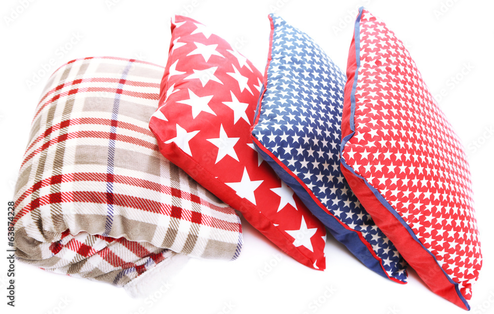 Fototapeta premium Bright pillows and plaid isolated on white