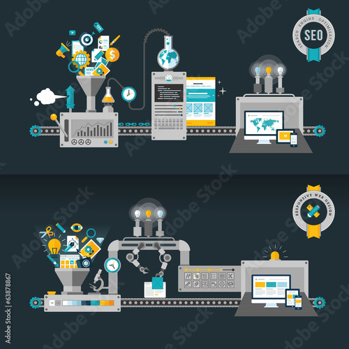 Flat design concepts, machines for web development and SEO