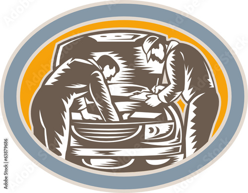 Mechanic Repairing Car Woodcut Retro