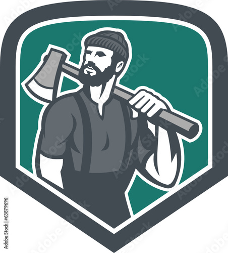 Lumberjack Holding Axe Shield Retro