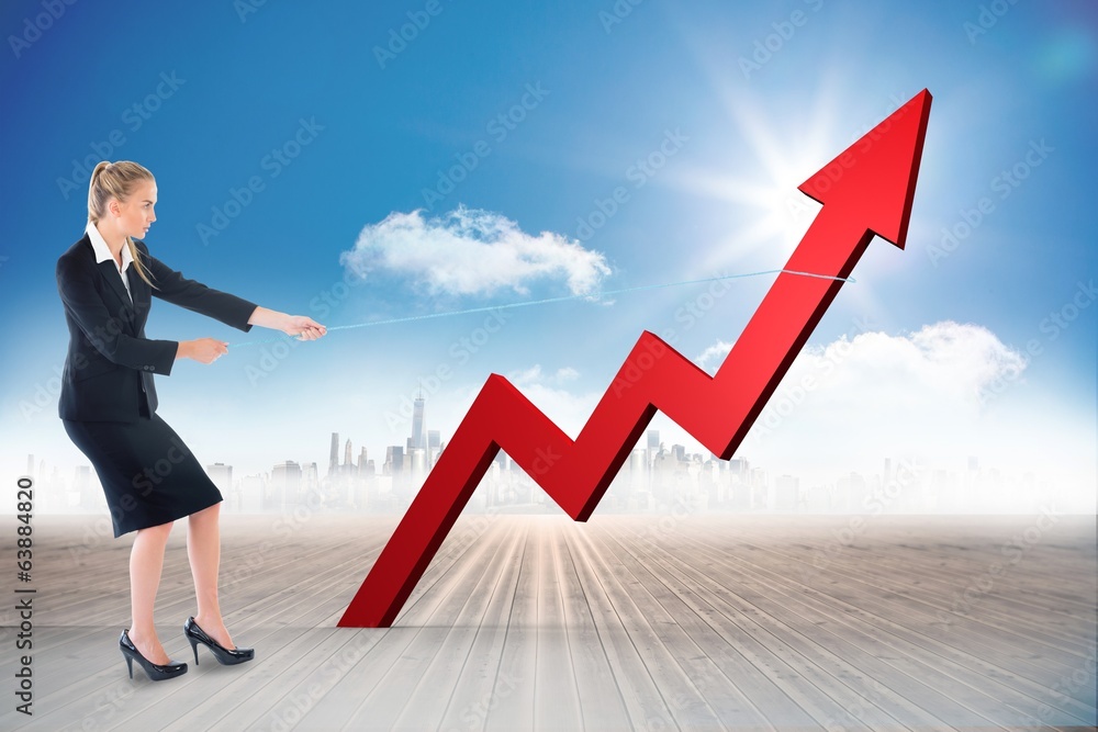 Composite image of businesswoman pulling a rope around arrow Composite image of businesswoman pulling a rope around arrow