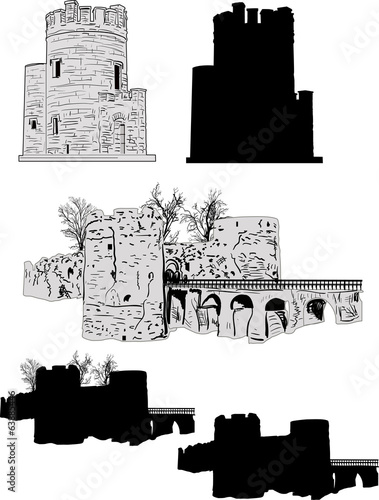 set of black and grey towers isolated on white