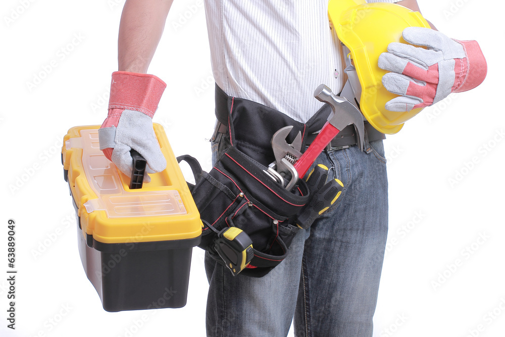 Worker holding tool box Worker holding tool box