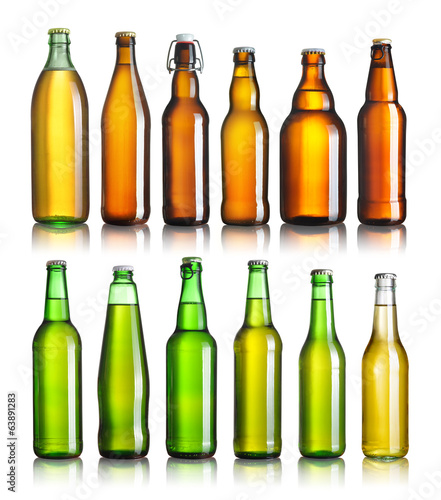 Set of full beer bottles with no labels isolated on white
