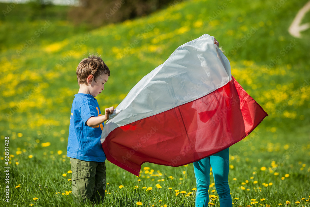 	children with Polish flag - obrazy, fototapety, plakaty 